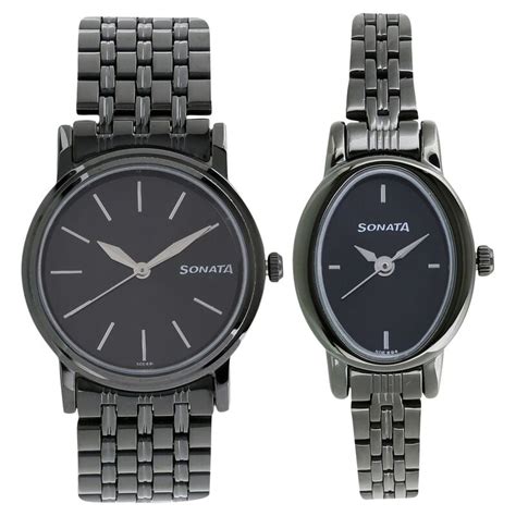Buy Online Sonata Quartz Analog Black Dial Metal Strap Watch for Couple ...