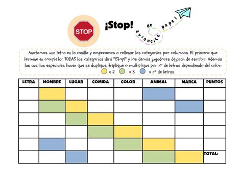 Plantilla y ejercicios juego STOP persona animal o cosa - Actividades de infantil y primaria