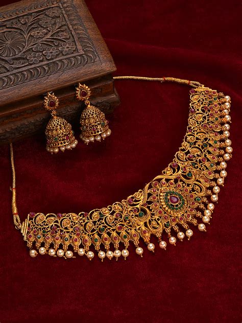 Gold-Toned Pink & Green Stone-Studded, Beaded Handcrafted Jewellery Se ...