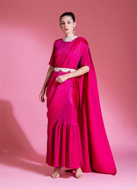 HOT PINK SAREE EMBRODED NECK BLOUSE WITH BELT – Preeti Mehta