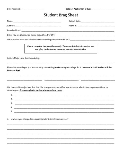 Student Brag Sheet - Blank Fillable Template | Fill Out, Print ...