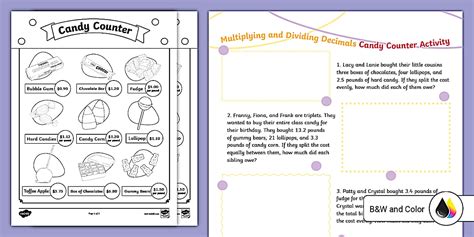 Sixth Grade Multiplying and Dividing Decimals Candy Counter Worksheet