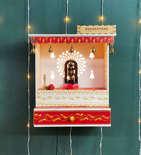 White Red Hand Painted Wooden LED Pooja Mandir | D'DASS Store