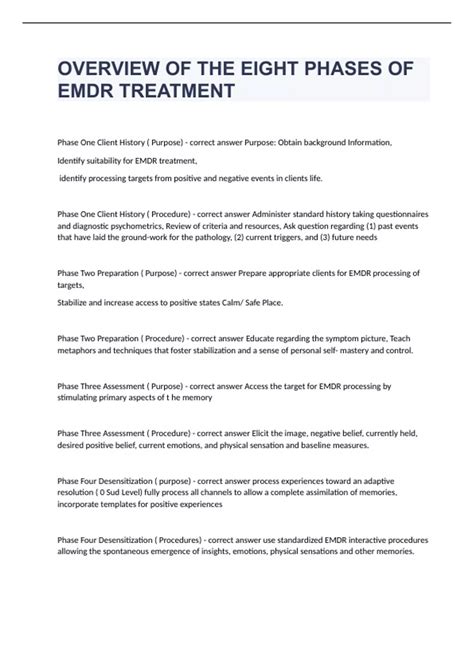 OVERVIEW OF THE EIGHT PHASES OF EMDR TREATMENT fully solved 2023 - EMDR ...