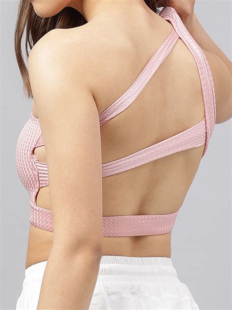 Women Pink Textured One Shoulder Sports Bra with Cut-Out Detail – Fitkin