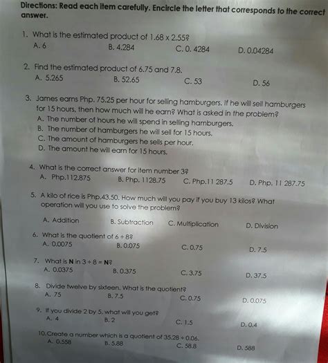 direction read each item carefully encircle the letter that corresponds ...