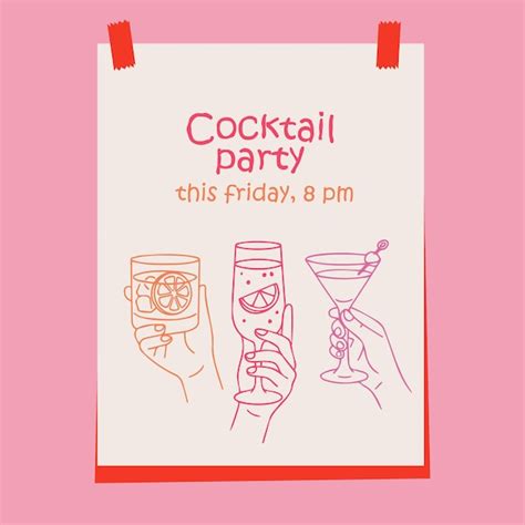 Cocktail party poster with a minimalist illustration of three hands ...