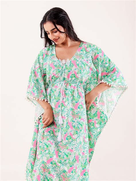 Mint Green & Pink Floral Printed Cotton Loungewear Kaftan with Lace ...
