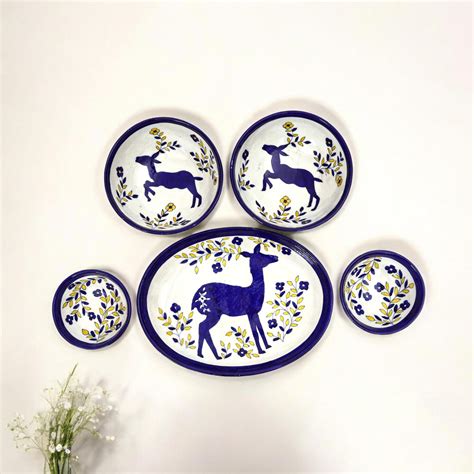 Handcrafted Blue Pottery Deer Dining Collection - Elegant 3-Piece Serv ...