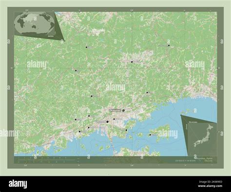 Okayama, prefecture of Japan. Open Street Map. Locations and names of major cities of the region ...