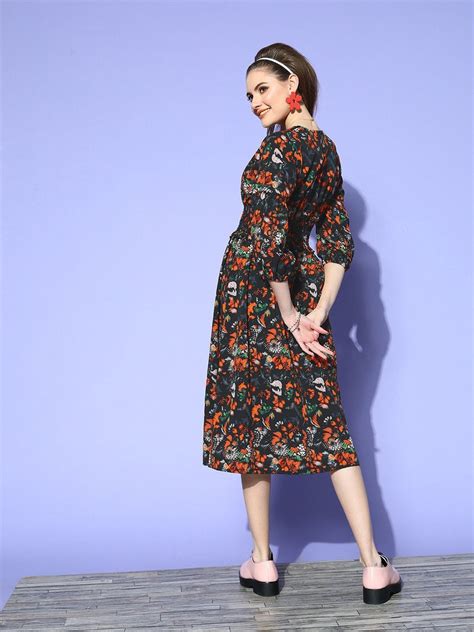 plusS Black Orange Floral A-Line Midi Dress – pluss.in
