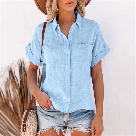 Blue Women Shirts, Womens Loose Button Long Shirt Cotton Ladies Casual ...
