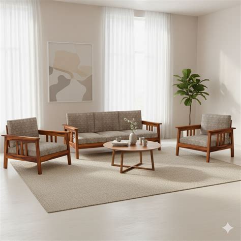 Straight-Arm Wooden Sofa Set in 3+1+1 Seating – Indian Hub
