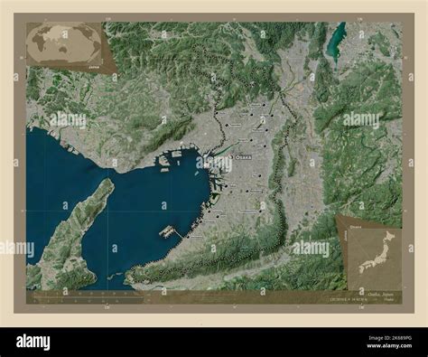 Osaka, urban prefecture of Japan. High resolution satellite map. Locations and names of major ...