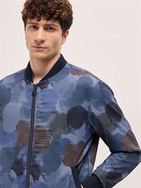 Shop Navy Camouflage Bomber Jacket with Ribbed Details online ...