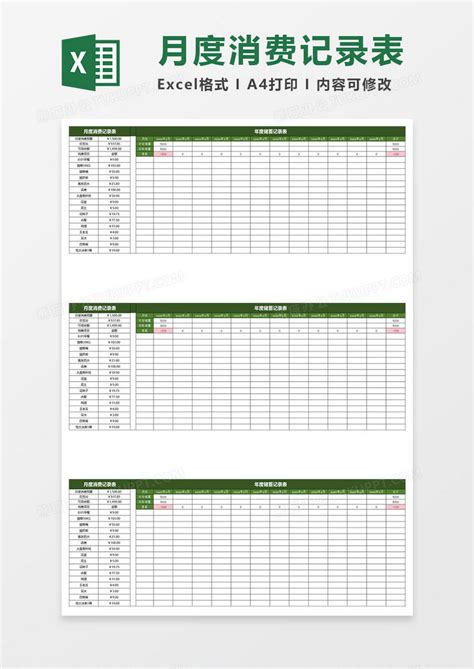 绿色简约月度消费记录表Excel模板下载_熊猫办公