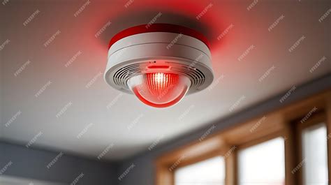 Red warning light and active smoke detector in the room ceiling ...