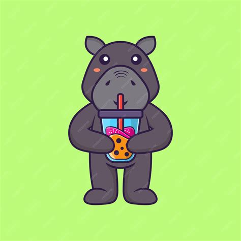 Premium Vector | Cute hippopotamus drinking boba milk tea. animal ...