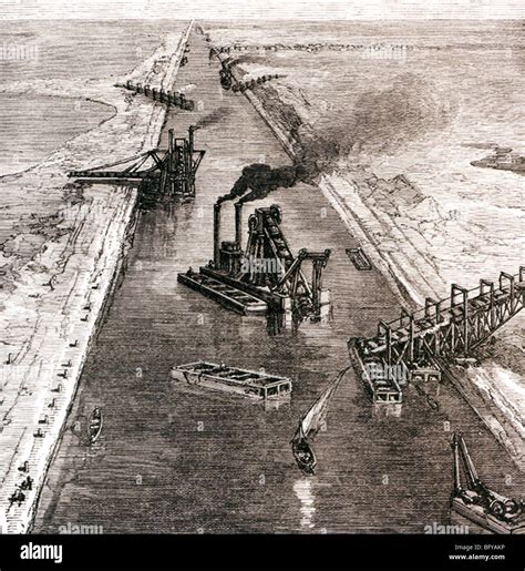 BUILDING THE SUEZ CANAL with steam diggers at work Stock Photo - Alamy