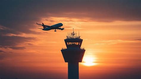 Silhouette of an airplane flying over the control tower at sunset ...