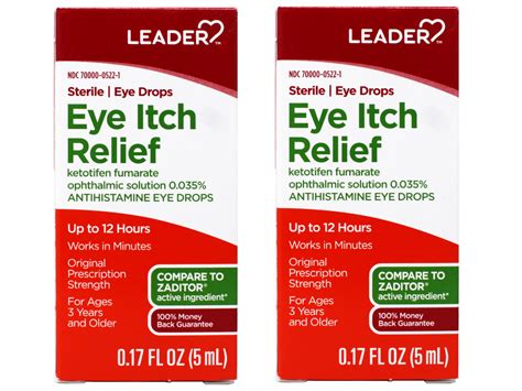 2 Pack - Leader Eye Itch Relief Drops, Ketotifen Fumarate 0.035%, Antihistamine, 0.17 fl oz ...