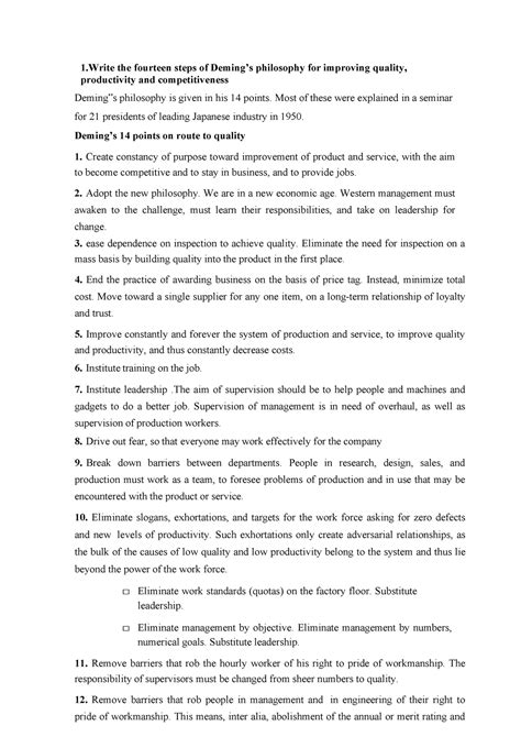 Quality - lec notes - 1 the fourteen steps of Deming’s philosophy for ...