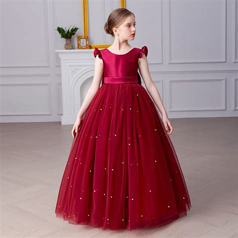 Girls Maroon Duchess Satin Bodice with Beaded Tulle Party Gown – INCLUD