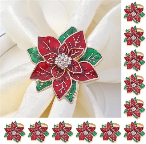 Amazon.com: Christmas Napkin Rings Set of 12,Poinsettia Flower Napkin ...