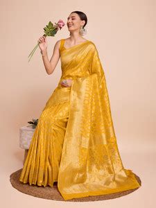 Buy Nimidiya Woven, Embellished Banarasi Pure Silk Yellow Sarees Online ...