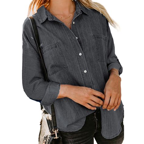 Lolmot Women Denim Shirt Collared Back Split Jean Shirts Long Sleeve ...