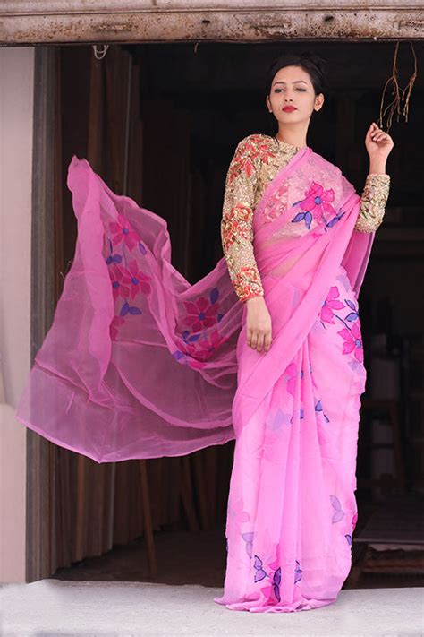 Pink Floral Hand-Painted Saree with Sequence – kaseeda