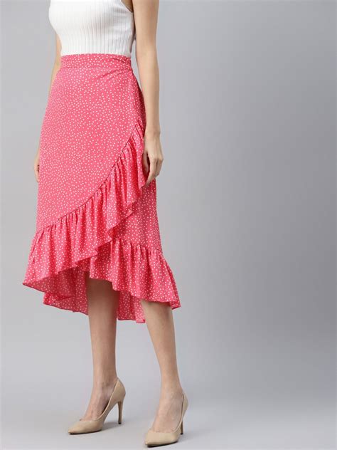plusS Pink Printed Midi A-Line Skirt With Tulip Hem – pluss.in