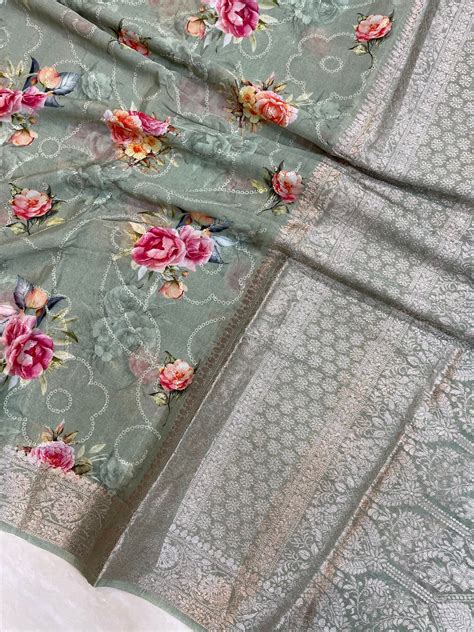 Pure Georgette Digital Print with Chikankari Handloom Banarasi Saree ...