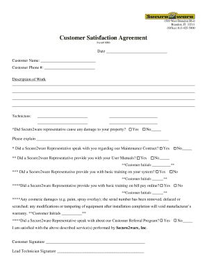 Customer Satisfaction Agreement - Secure2ware - Fill and Sign Printable ...