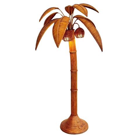 Large Rattan Palm Tree Floor Light, with Three Bulbs in the Coconuts ...