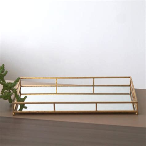 Gold Metal Rectangle Tray with Mirror, 24x16