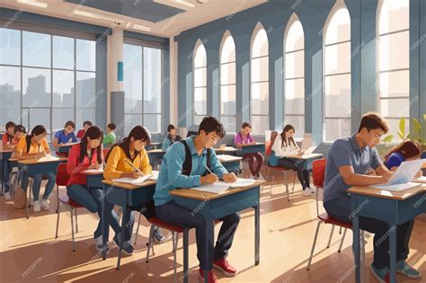 Студенты сдают экзамен в классе. | Премиум векторы