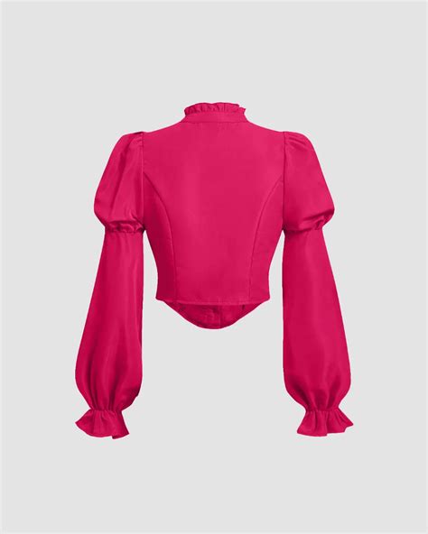 Ruffled High Neck Corset-Style Lantern Sleeve Blouse in Pink ...