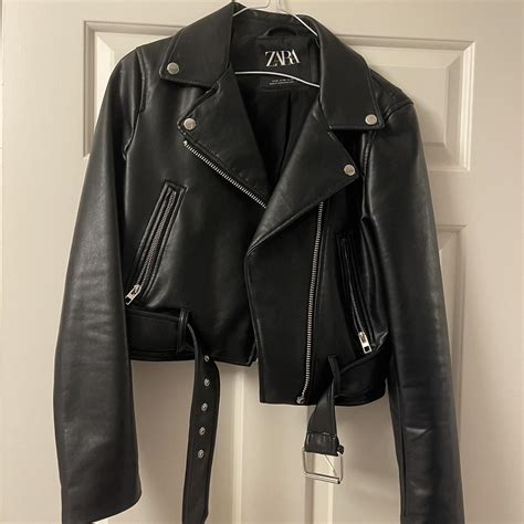 zara black leather jacket size xs and fitted in... - Depop