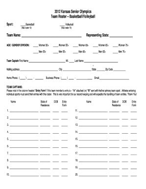 Fillable Online parks snco 2012 Kansas Senior Olympics Team Roster ...