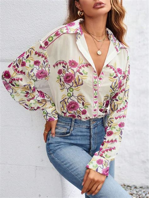 Aveloria Floral Print Drop Shoulder Button Front Shirt | SHEIN USA