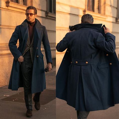 Men Long Overcoat Tweed Navy Blue Wool Blend Coat Winter Business ...