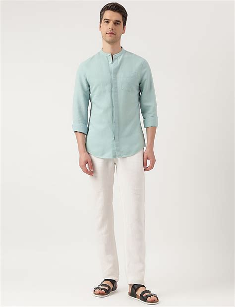 Buy Linen Blend Solid Mandarin Neck Shirt at Marks & Spencer
