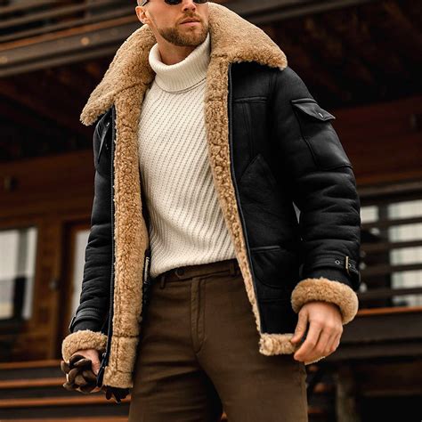 Leather Jacket Mens Faux Fur Jacket Sherpa Lined Fleece Shearling Coat ...