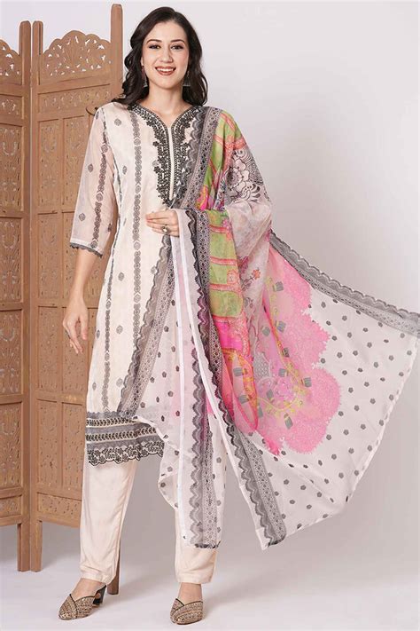 Buy Off-White Embroidered Silk Pant Suit From Designer Lehenga Choli