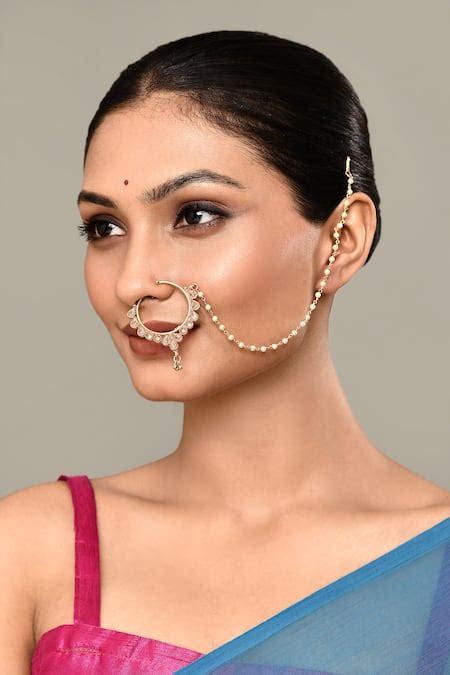 Buy Gold Plated Pearls Tear Drop Carved Nose Ring by Nazaakat By Samara ...