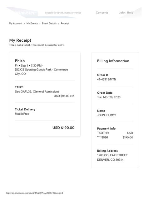 Image result for Ticketmaster Receipt