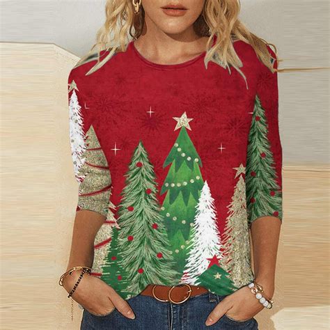 Lolmot Christmas Tops for Women Dressy Casual Holiday 3/4 Length Sleeve ...