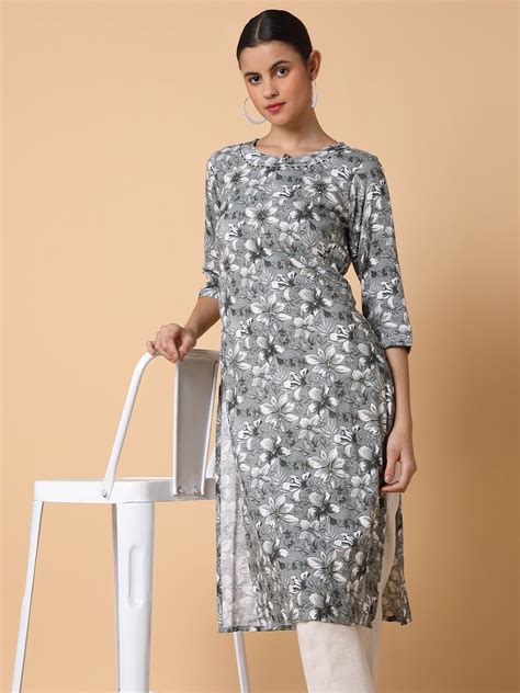 SHOWOFF Women's Floral Grey Straight Kurta