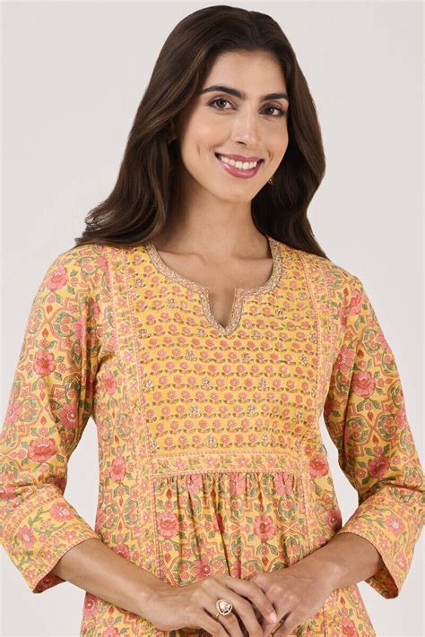 Buy Yellow Hand Block Printed A-Line Cotton Slub Kurta for Women ...